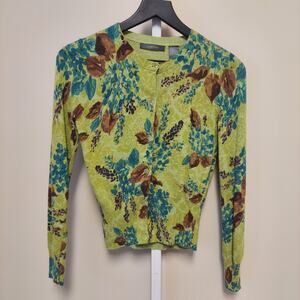Liz Claiborne Women's Button Up Cardigan Medium Green Floral Fairy Wool Blend